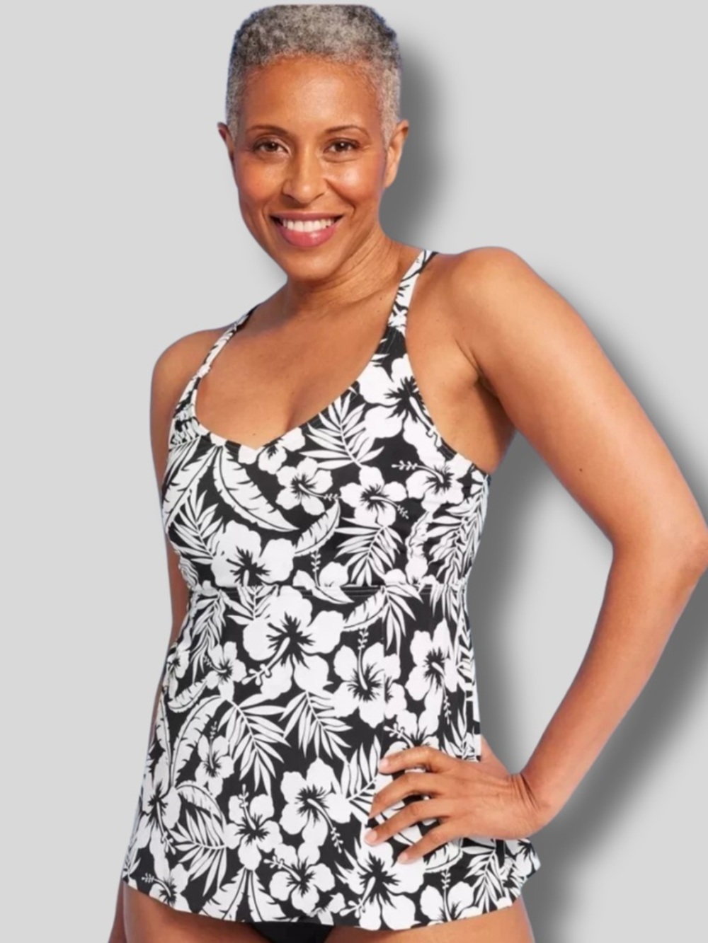Lands’ End Black & White Floral Tulip Hem Women’s Swim Tankini Top